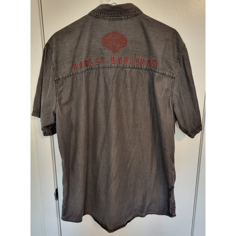 Harley Davidson Gray Embroidered Short Sleeve Shirt Black Snaps Mens Size Large